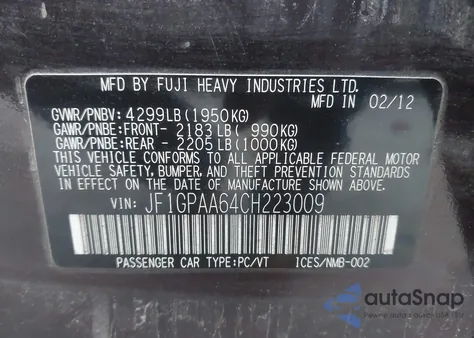 2012 Subaru Impreza 2.0I из США, поврежденный, VIN JF1GPAA64CH223009